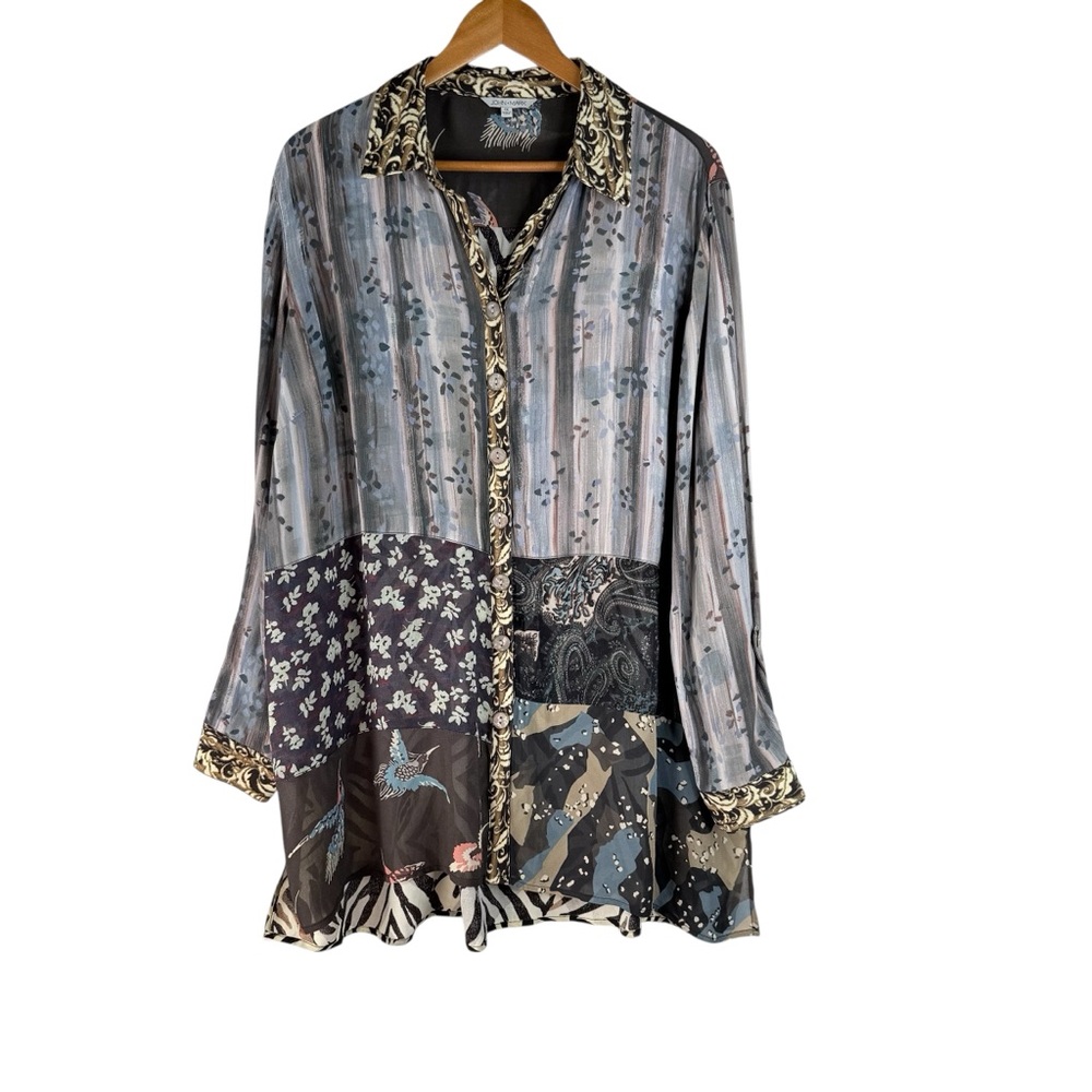 John Mark Women's Mix Print Patched Tunic Multicolor Patchwork Button-Up Size 1X